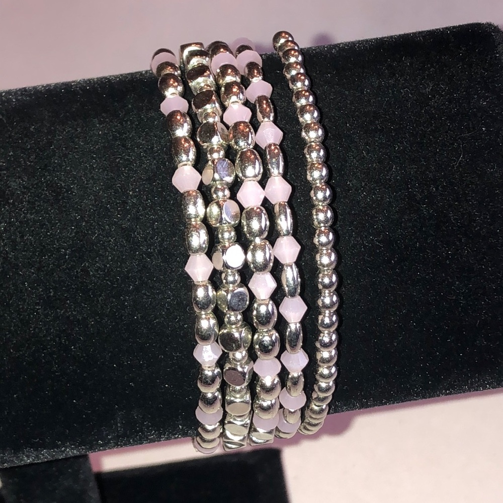 Silver Tone and Light Pink Beaded Boho Wrap Bracelet
